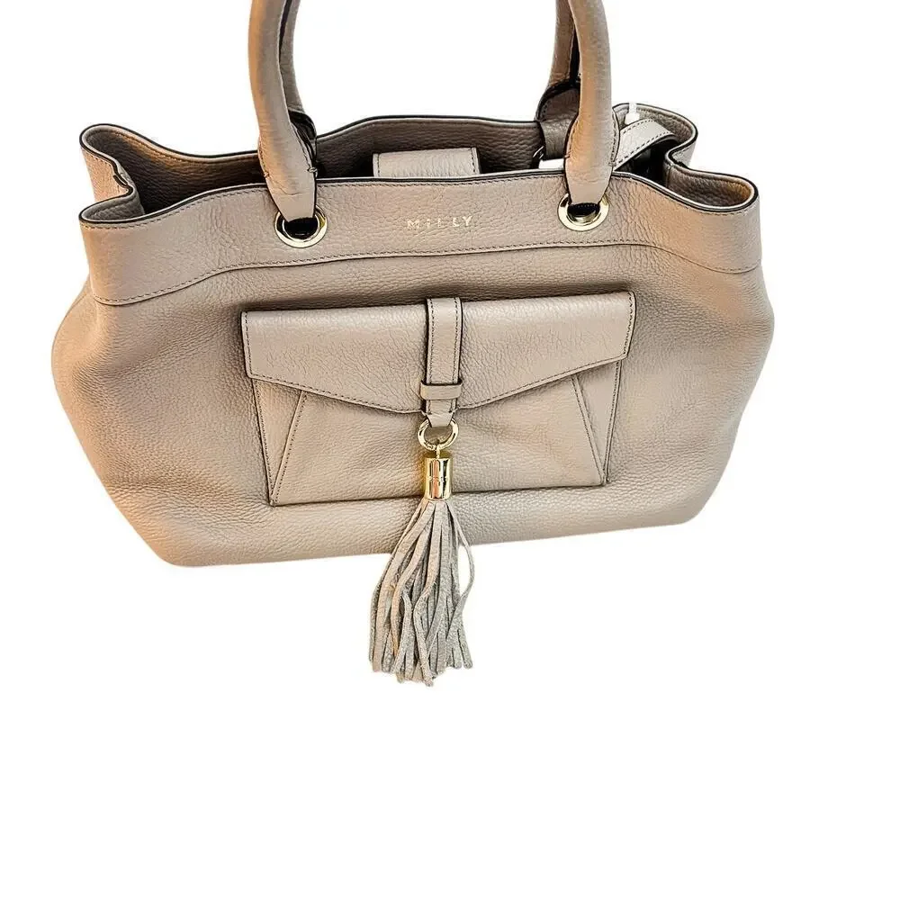 Milly Gray Crossbody Leather Tote Handbag Gray Tassel Front Pocket Details